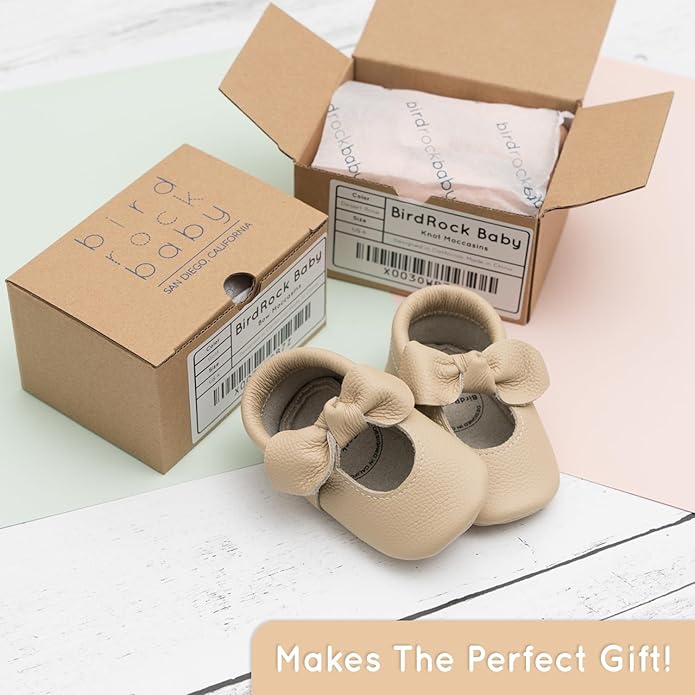 BirdRock Baby Bow and Knot Moccasins - Genuine Leather Baby Girl Shoes