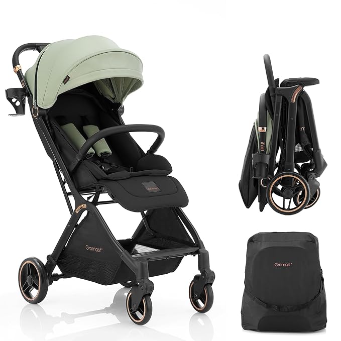 Gravity Folding Baby Stroller - Portable Travel Toddler Stroller w/Adjustable Backrest & Canopy, Cup Holder, Lightweight and UV Protected, One-Hand Automatic Folding - Green
