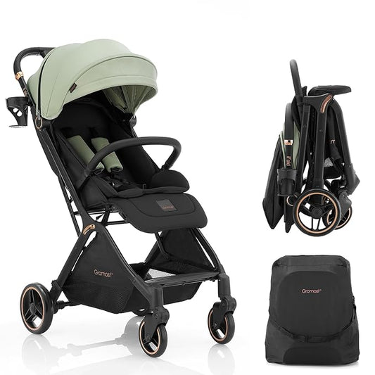 Gravity Folding Baby Stroller - Portable Travel Toddler Stroller w/Adjustable Backrest & Canopy, Cup Holder, Lightweight and UV Protected, One-Hand Automatic Folding - Green