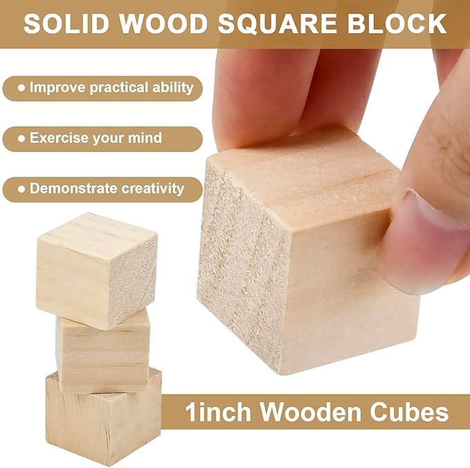 120 Pcs 1 Inch Solid Wood Cubes - Natural Unfinished Mini Blocks for DIY Miniatures Crafts, Puzzle Making, Painting & Wood Carving Art Projects
