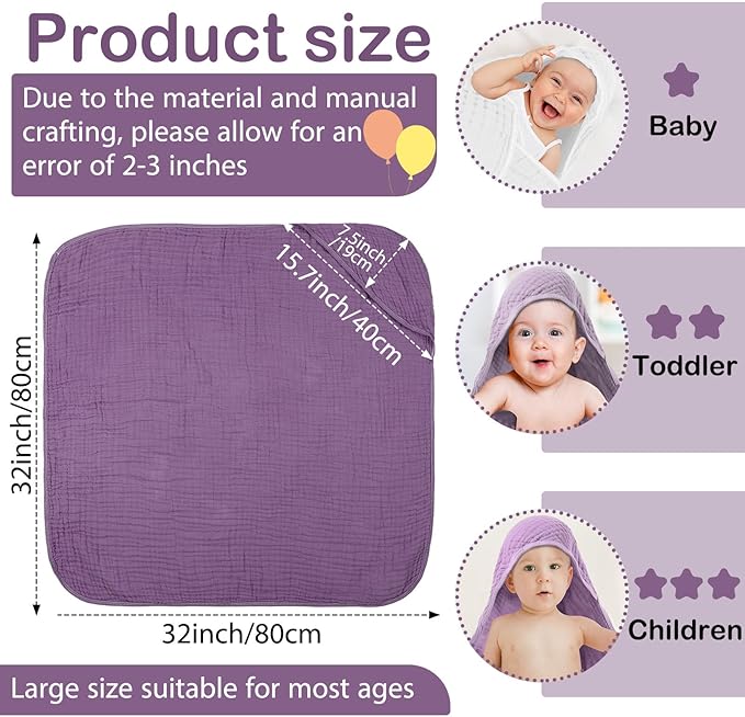 Peryiter 4 Pcs Muslin Hooded Baby Towels, 32"x 32" Cotton Newborn Bath Towel Muslin Infant Baby Blankets Absorbent Unisex Christmas Registry Gift Essentials for Girls Boys (Purple Series)