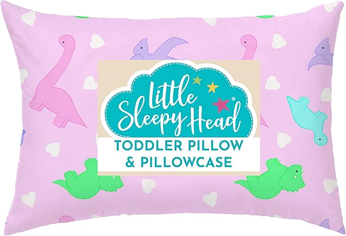 Little Sleepy Head Toddler Pillow with Pillowcase 13x18 - Kids Pillow for Sleeping - Better Neck Support Ergonomic Pillow and Toddler Pillowcase - Best Pillows for Kids (Dinosaurs Pink)
