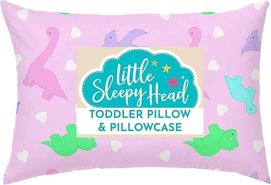 Little Sleepy Head Toddler Pillow with Pillowcase 13x18 - Kids Pillow for Sleeping - Better Neck Support Ergonomic Pillow and Toddler Pillowcase - Best Pillows for Kids (Dinosaurs Pink)