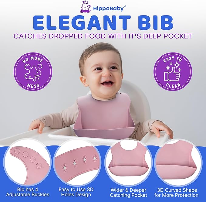 Baby Led Weaning Supplies |10 Piece Silicone Baby Feeding Set, Baby Toddler Bib Cup Divided Plate and Bowl Self Feeding Spoons Dish Set | Baby Utensils,Toddler Feeding Supplies (Rose Quartz)