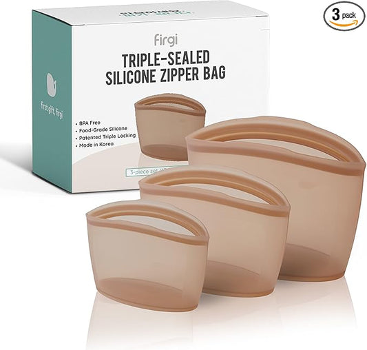 Premium Platinum Silicone Reusable Food Storage Bags 3-Pack (17 fl oz + 29 fl oz + 51 fl oz), Airtight Zip Lock Bags for Food, BPA-Free Silicone Freezer Bags, Brown