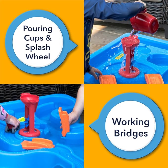 Simplay3 Big River and Roads Water Play Table, Outdoor Activity Table with Track Toys for Toddlers and Kids, 9 Accessories Included, Made in USA