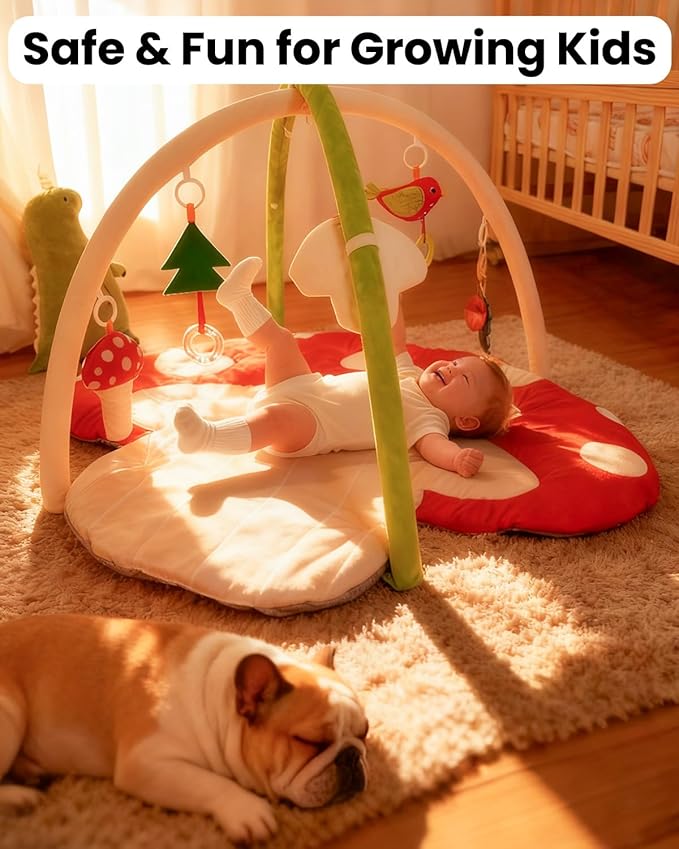 Baby Play Gym, 7-in-1 Thickened and Larger Activity Mat, Washable Baby Play Mat with Non Slip Bottom, Tummy Time Mat with 5 Detachable Toys for Motor Skills, Easy to Store - Mushroom