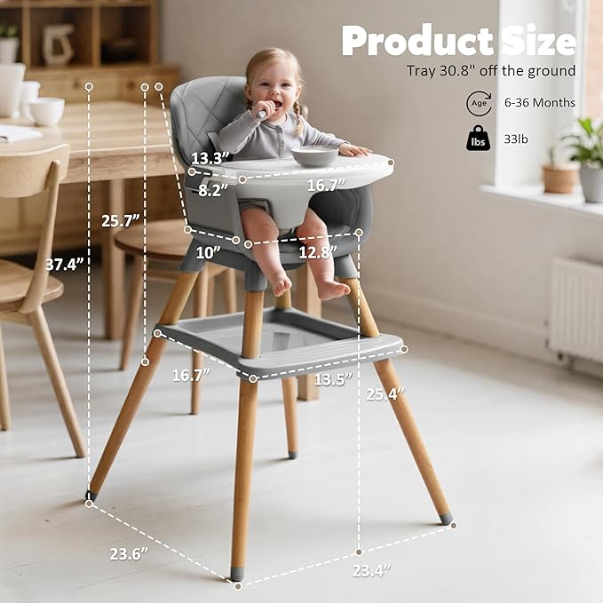 8 in 1 Wooden High Chairs for Babies Toddlers, Convertible to Booster Seat, Baby Feeding Highchair w/ 5-Point Safety Harness, Removable Tray & Cushion, Gray