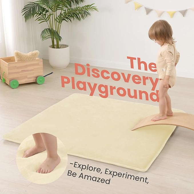 Baby Play Mat for Floor,1.3" Thick Elasti-Foam 50"×50" Playpen Mat for Tummy Time,Water Repellent Soft Coral Velvet for Toddler,Infant,Kids,Non-Slip Backing Safe for Crawling(Vanilla)