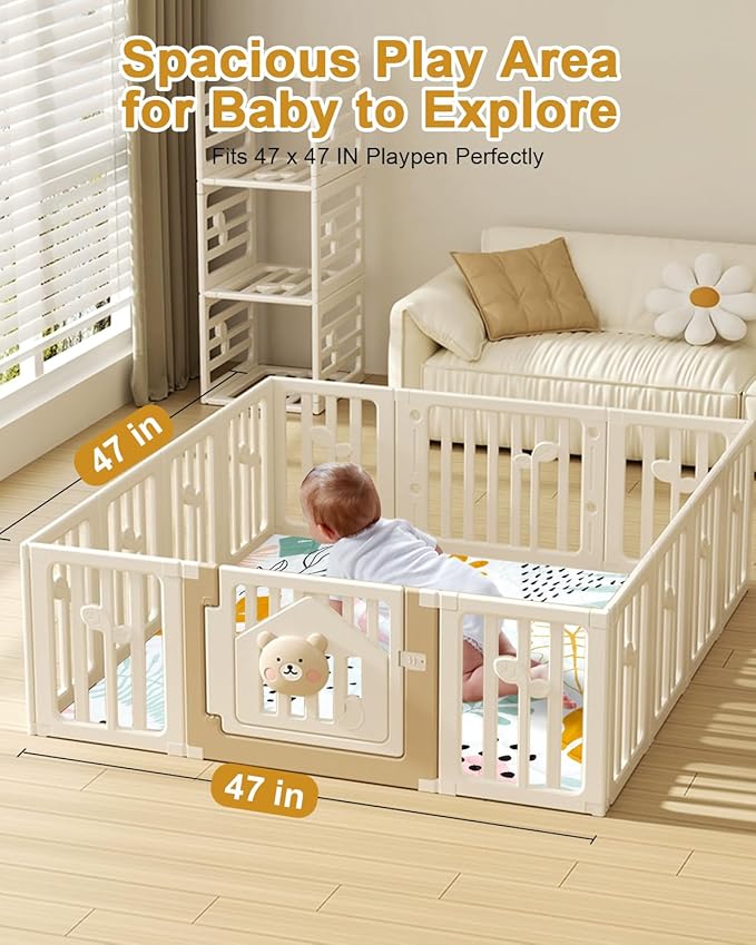 Premium Foam Baby Play Mat 47x47 – Removable & Machine Washable Cover, Extra Thick Padding Playpen Mat, Non-Slip Crawling Mat, Easy to Clean for Infants, Toddlers & Babies