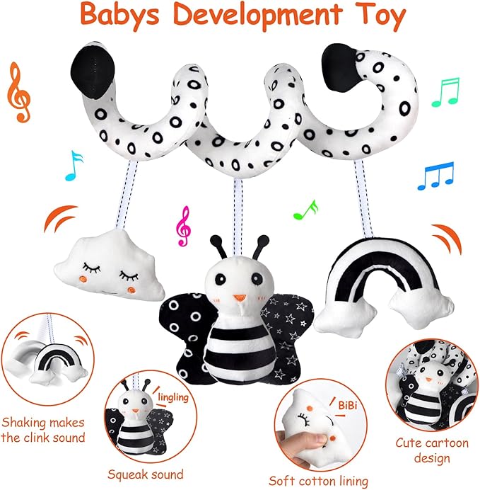 Car Seat Toys, Infant Baby Spiral Activity Hanging Toys Stroller Toys for Car Seat Stroller Bar Crib Bassinet Mobile with BB Squeaker and Rattles (Bee)