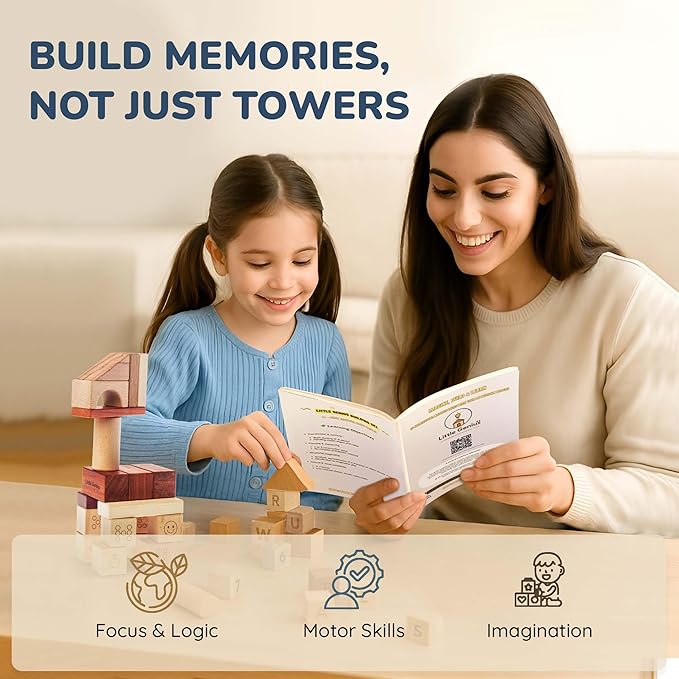 Hexagon Wooden Building Blocks for Toddlers & Kids Ages 3–8 | 86 PCS Montessori Alphabet & Number Set | FSC Beech Wood STEM Toy w/Storage & Learning Guide