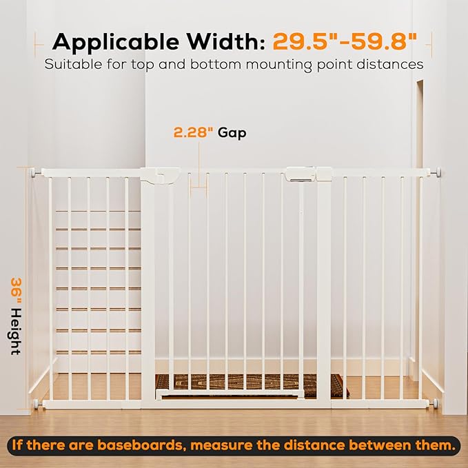 29.5-59.8" Baby Gate for Stairs, Baby Safety Essentials, Auto Close Gate for Doorways, Easy Install Pressure Mounted Dog Gate Indoor, Pet Gates for Dogs, White
