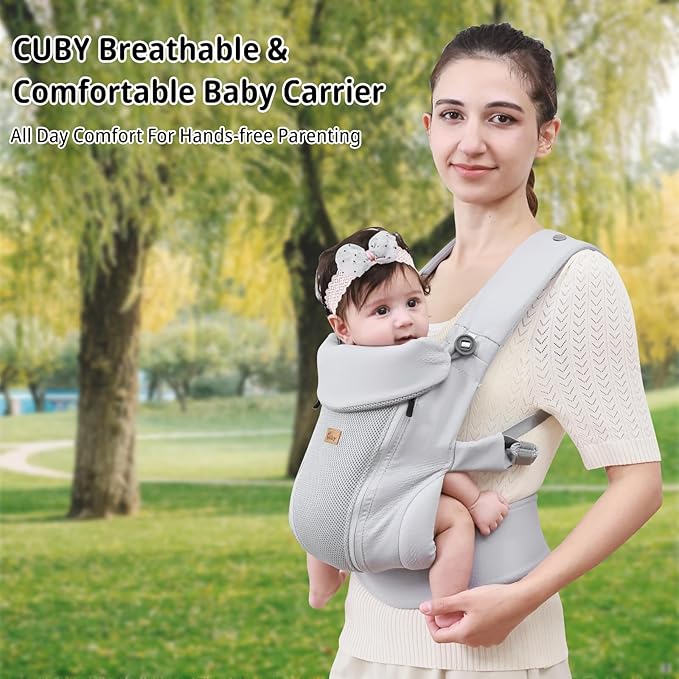CUBY Newborn Baby Carrier with Head Support and Sunshield, Breathable & Adjustable Newborn Toddler Front Baby Carriers, Hands-Free Newborn Carrier up to 40lbs(Light Gray, Upgraded-with Waist Belt)