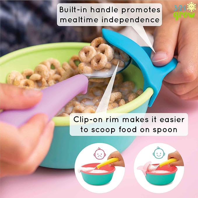 Silicone Easy Scoop & Hold Bowl Set – Adaptive Baby & Toddler Feeding Bowls with Clip-On Rim and Handle – Helps Build Independence & Coordination – 2 Pack – Dishwasher Safe (Ocean)