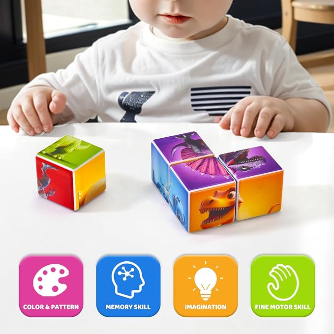 Magnetic Blocks for Toddlers, Dinosaur Toys Puzzle Cubes for Kids, Sensory Toys for Kids Ages 1-3 Year Old Boys & Girls, 6 Dinosaur Building Ideas