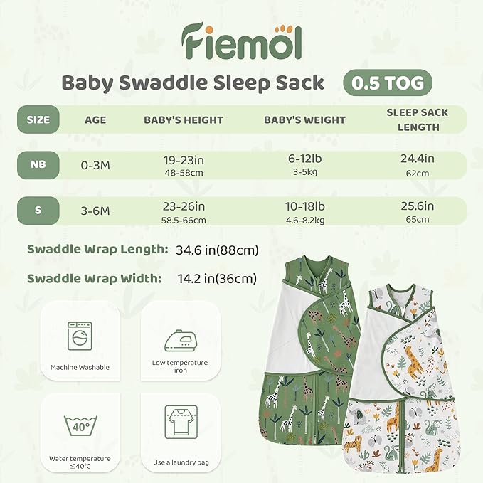 Baby Swaddle Sleep Sack 3-6 Months, Swaddles for Newborns Boy Girl, 3-Way Adjustable Infant Swaddle Wearable Blanket with Zipper & Detachable Wrap, 2 Pack Soft Snug Green Giraffe