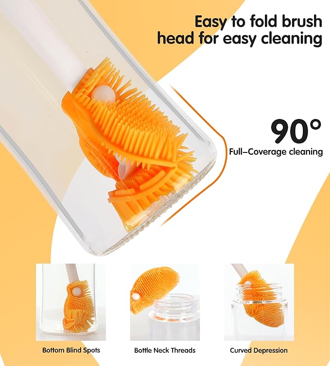 7-in-1 Bottle Cleaner Brush Kit, Long Handle Silicone Baby Bottles Cleaning Brush Set, 360° Flexible Multifunctional Water Bottle Washer for Baby Bottles, Breast Pump, Spout, Nipple & Straw