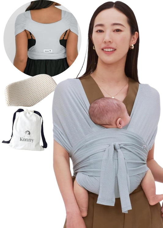 Konny Baby Carrier Flex AirMesh with Head Support- Adjustable, Easy to Wear Baby Wrap Sling, Perfect for Newborn Babies Essentials up to 44 lbs (XS-XL) - Mint Grey