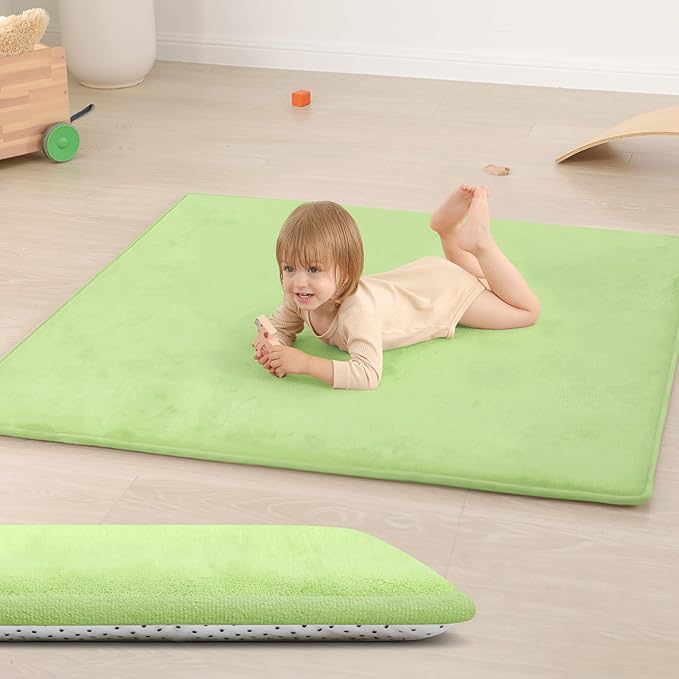 Baby Play Mat for Floor,1.3" Thick Elasti-Foam 50"×50" Playpen Mat for Tummy Time,Water Repellent Soft Coral Velvet for Toddler,Infant,Kids,Non-Slip Backing Safe for Crawling(Light Green)