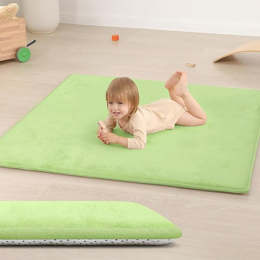 Baby Play Mat for Floor,1.3" Thick Elasti-Foam 50"×50" Playpen Mat for Tummy Time,Water Repellent Soft Coral Velvet for Toddler,Infant,Kids,Non-Slip Backing Safe for Crawling(Light Green)