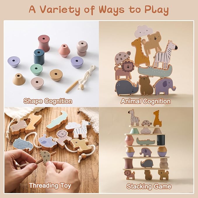 Wooden Animals Threading Toys Lacing Beads for Toddlers 3 4 5 Years Old, Stacking Blocks Balance Toy, Educational Preschool Learning Toy, Montessori Activities for Boys & Girls