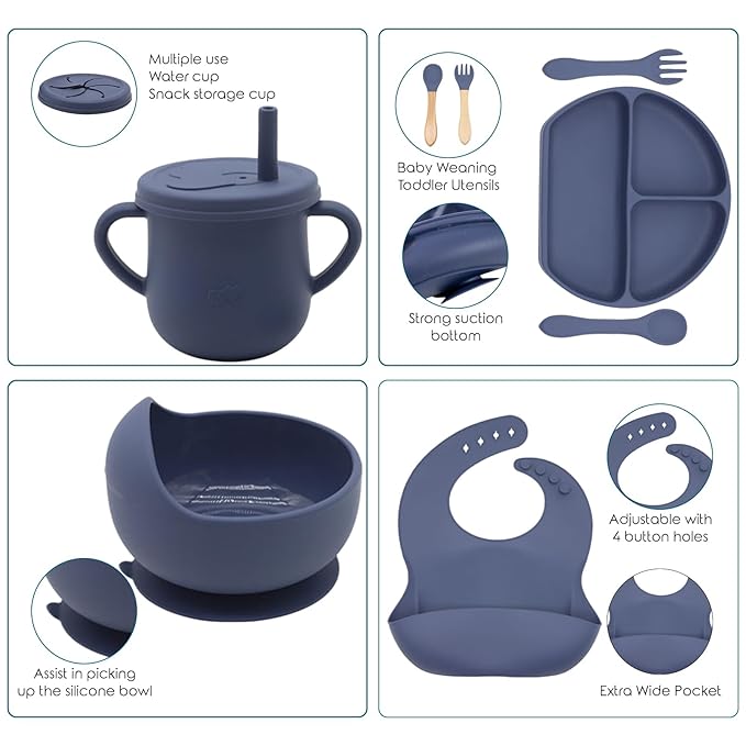 100% Silicone Baby Feeding Set, BPA Free Baby Dishes with Suction Bowl, Divided Plate, Toddler Self Feeding Dish Set with Spoons, Forks, Sippy Cup and Bib, Baby Eating Utensils (Navy Blue)