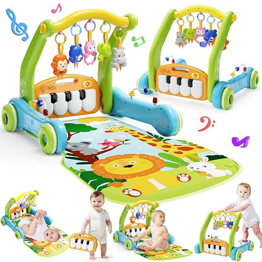Baby Gym Play Mat with Walker, 2 IN 1 Kick and Play Piano Activity Center with Light & Music, Tummy Time Mat & Baby Push Toys for 0-6 12-18 Months, Sit-to-Stand Learning Walker for Infant Toddler Gift