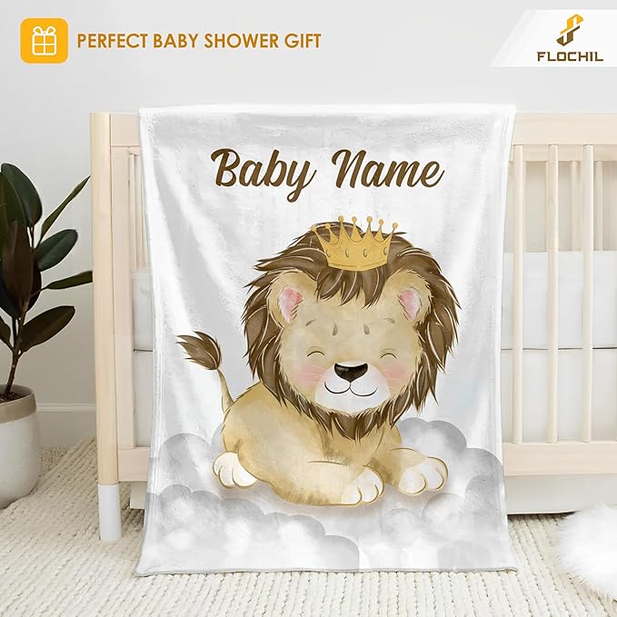 Personalized Baby Blankets, Custom Baby Blanket - Baby Blanket with Name for Boys, Best Gift for Baby, Newborn Elephants Flush Fleece (30x40) (Lion 2)