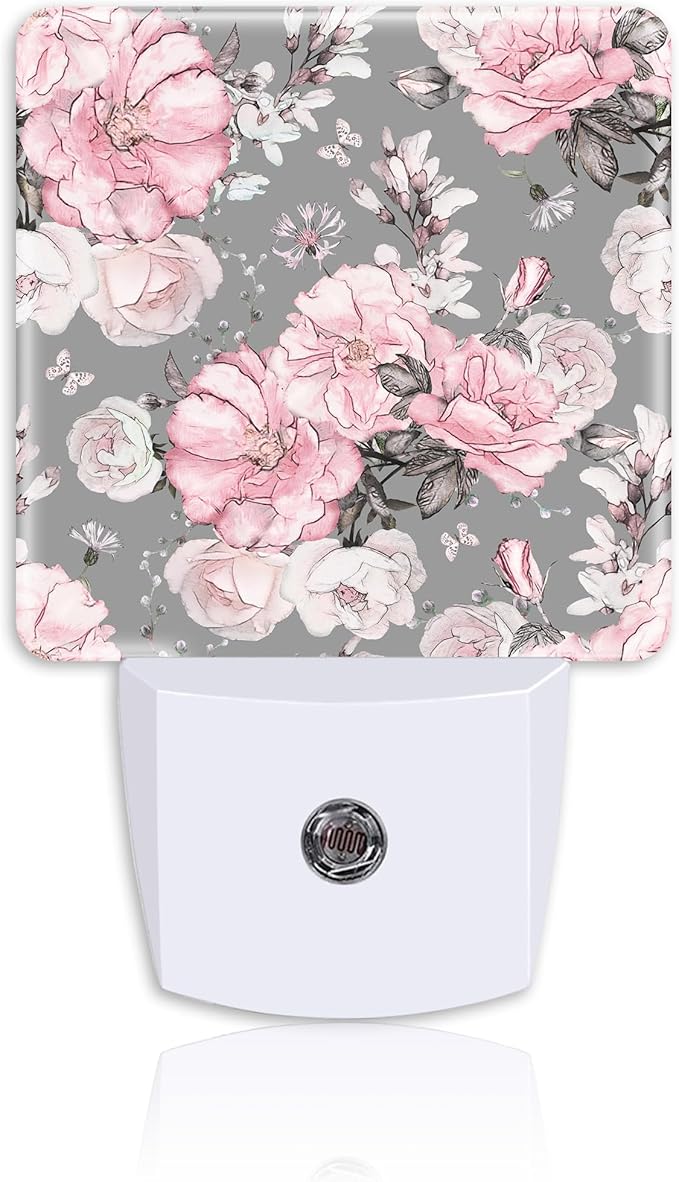 Night Light Plug Wall,Pink Flowers and Grey Leaves LED Night Lights with Dusk to Dawn Light Sensor for Women Girls Boys Room Decor,Hallway,Kitchen,Bathroom,Nursery,Stairs