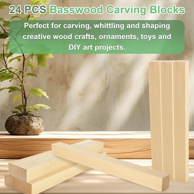 20 Pack Unfinished Basswood Carving Blocks, 12x1x1 Inch Unfinished Bass Wood Blocks for Crafts, Whittling Wood Carving Blocks for Home, Crafts, Class, Arts, Christmas DIY Supplies