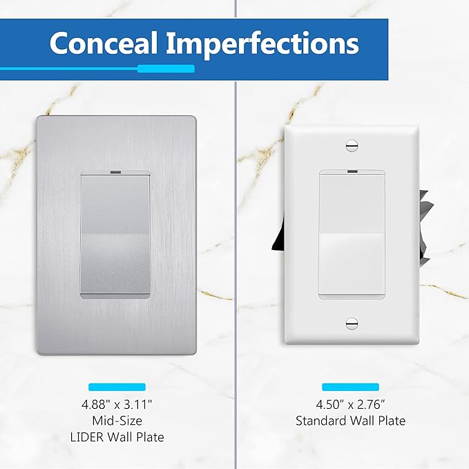 LIDER Brushed Finish Decorator Switch Cover, Screwless Wall Plate, Mid-Size 1-Gang 4.88" x 3.11", Unbreakable Polycarbonate Thermoplastic, UL Listed, LSWP-31M-BSV, Brushed Silver