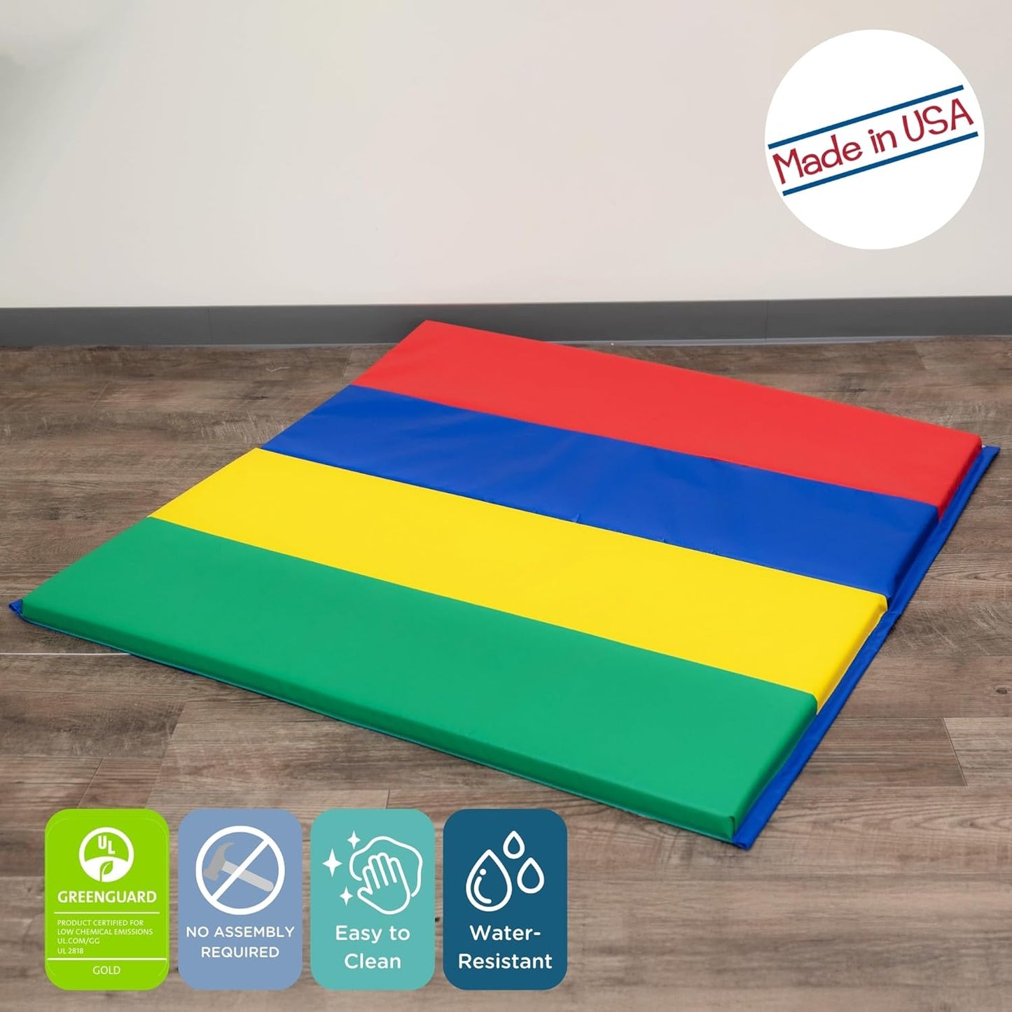 Children's Factory Rainbow Folding Gym Activity Mat, 4 ft x 4 ft, Cushioned Floor Mat for Kids, Daycare Mat