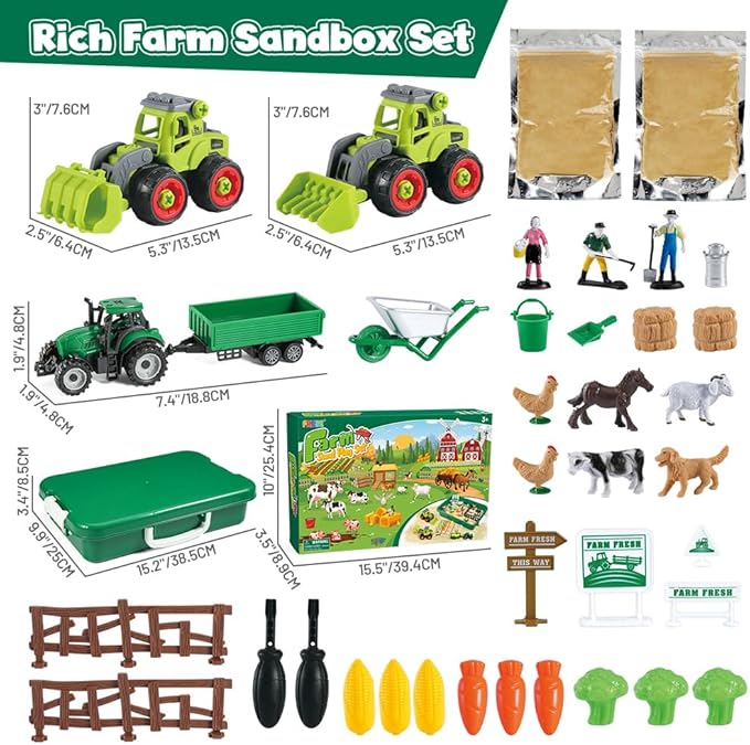 FRUSE Play Sand Farm Toys,Sensory Bins for Toddlers with 2.2lbs Sensory Play Sand,Farm Figures & Tractor Playset,Sandbox Toys for Kids 3 4 5 6 7