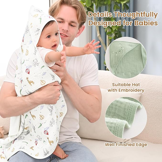david's kids 2 Pack Hooded Baby Towels, Large 32"x32", 6 Layer 100% Muslin Cotton Highly Absorbent Boy Girl Bath Towel for Newborn, Infant, Toddler, Ultra Soft and Breathable Baby Essentials, Animals