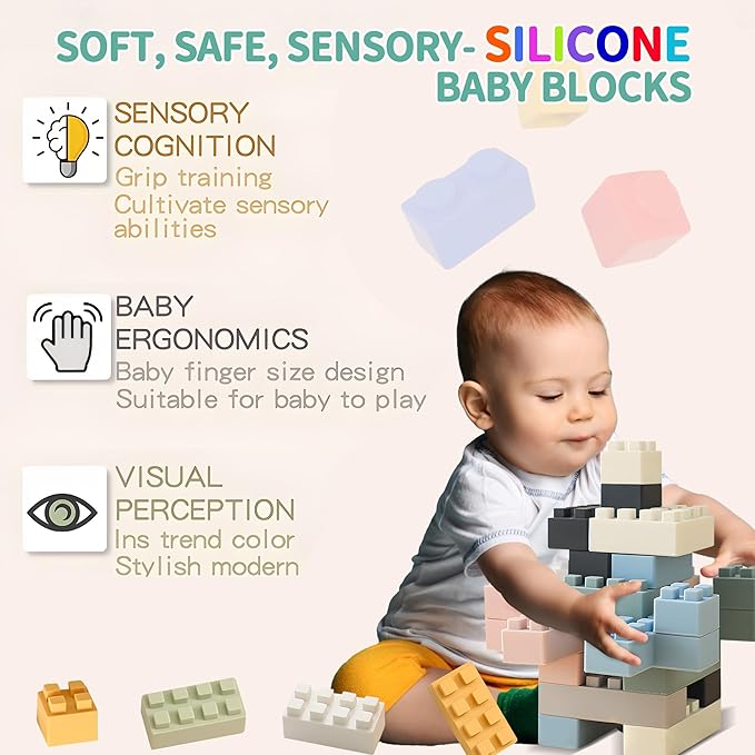 Silicone Blocks Soft Building Blocks, Montessori Educational Toy Soft Baby Blocks for Teething Gifts, Large Sensory Stacking Toys for Preschool Learning Creative Play, 20PCS