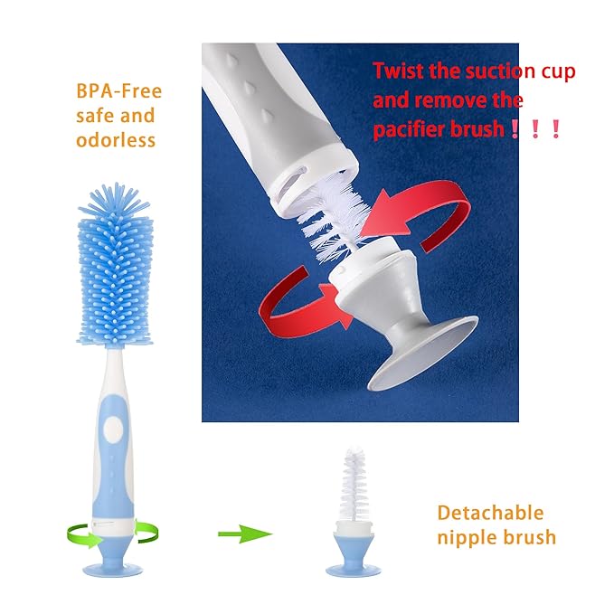 Chemimoso Multifunctional Cleaning Brush, Baby Bottle Brush, Water Bottle Brush Cleaner, Cup Brush, Rotate The Suction Cup to Obtain The Small Bristle Brushes Hidden in Handles, Set B, Grey