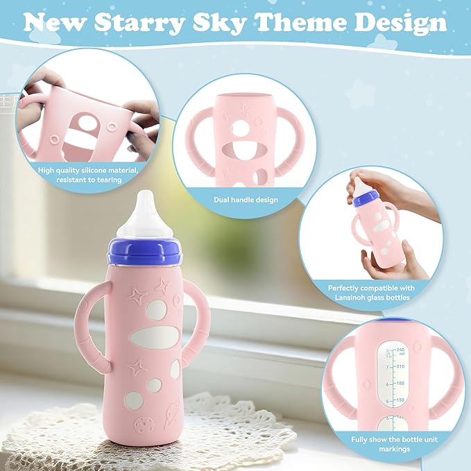4-Pack Silicone Sleeves for Lansinoh Glass Bottles 8 oz- Starry Sky Design Baby Bottle Holder with Handles,Protectors for Lansinoh Natural Wave Glass Bottles, Anti-Scald Feeding Supplies