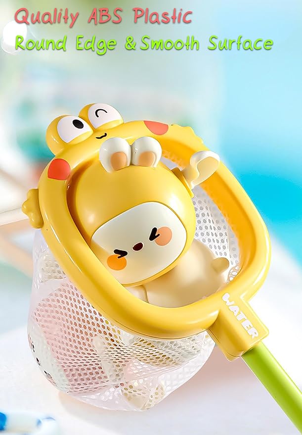 Adorable Frog Fishing Net Toy with 1 Wind-up Duck, 1 Windup Rabbit, Shark Storage Box for Kids Bath Time Fun, Perfect for Babies and Toddlers (Yellow)