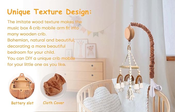 Crib Mobile Arm with Music Box - Imitation Wood - 23 Inch Mobile Arm for Crib - Crib Mobile Motor Battery Operated - Volume Control - 9 Lullabies - Crib Toys Attachments - Holder for DIY Clamp Mobile