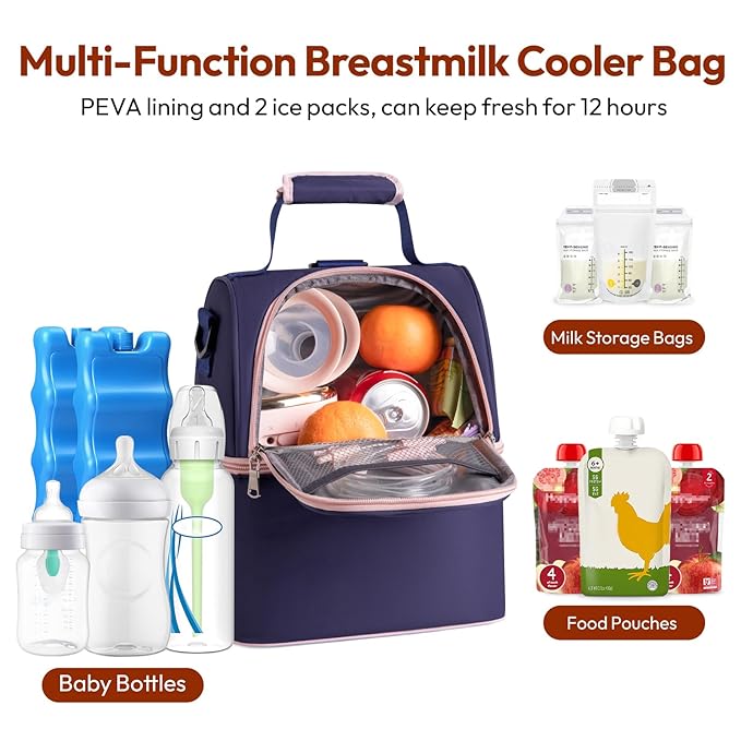 NCVI Breastmilk Cooler Bag with 2 Ice Pack, Breast Pump Bag with Cooler Fits 6 Bottles, Double Layer Breast Milk Baby Bottle Cooler Bag, for Travel, Nursing Mom Daycare, Work, Picnic (Purple)