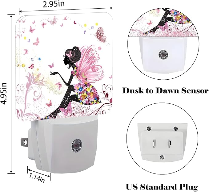 Pink Beautiful Women Butterfly Night Light,Plug Into Wall with Dusk to Dawn Light Sensors, Warm Nightlights for Bedroom, Bathroom, Hallway, Kitchen, Gifts Ideal for Boys Girls Women Men