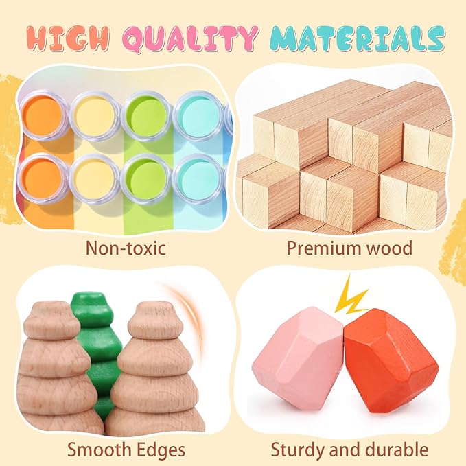 50 PCS Wooden Stacking Rocks Sensory Toys for Toddlers 3-4 Learning Montessori Building Block Toys Balancing Stacking Stones Preschool Learning Educational for Kids 3 4 5 Years Old Gifts