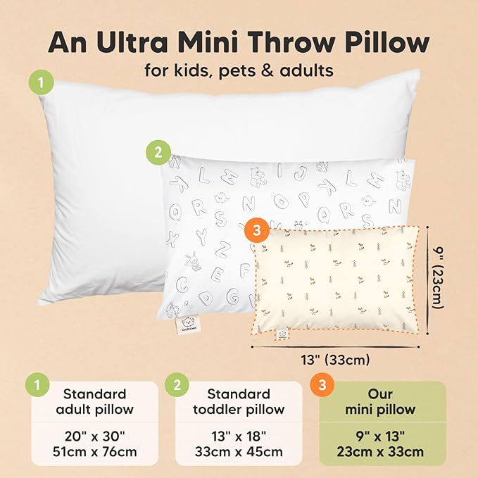 Mini Toddler Pillow with Pillowcase - 9x13 My Little Dreamy Travel Kids Pillow for Sleeping, Toddler Bed, Small, Tiny, Organic Cotton Pillowcase, Soft & Breathable, Kids 2-4 Years Old (Fox Tales)