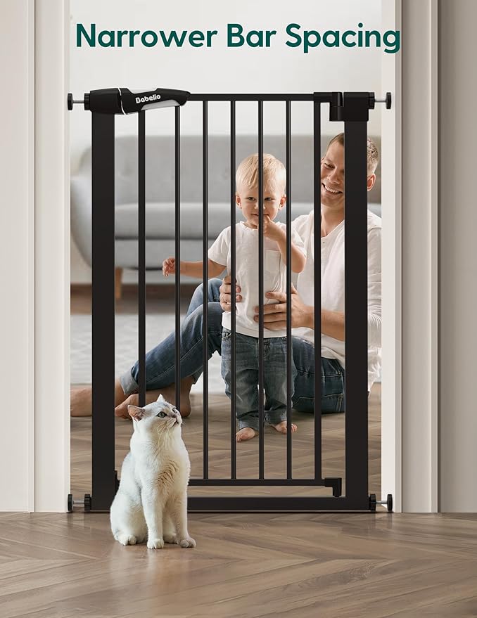 BABELIO 36" Tall Narrow Baby Gate, 26-28.5" Auto-Close Metal Pet Gate for Small Stairs/Doorways/Hallways, NO Drilling Pressure Mounted for Child and Pets, NO Extensions, Black