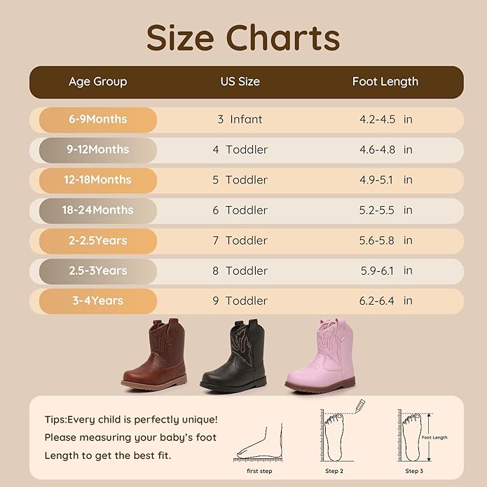 Blikcon Toddler Cowboy Boots for Boys Girls Baby Infant Cowgirl Boots Round Toe All Seasons 6-36 Months (Infant/Toddler)