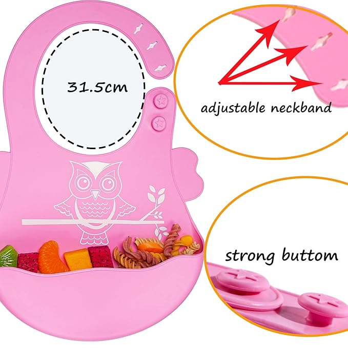 Silicone Baby Feeding Set,Baby Led Weaning Supplies Baby Silicone Suction plate and bowl set,Toddler Self Feeding Dish with Spoons Forks Sippy Cup And Adjustable Bib for 6+ Months-Pink