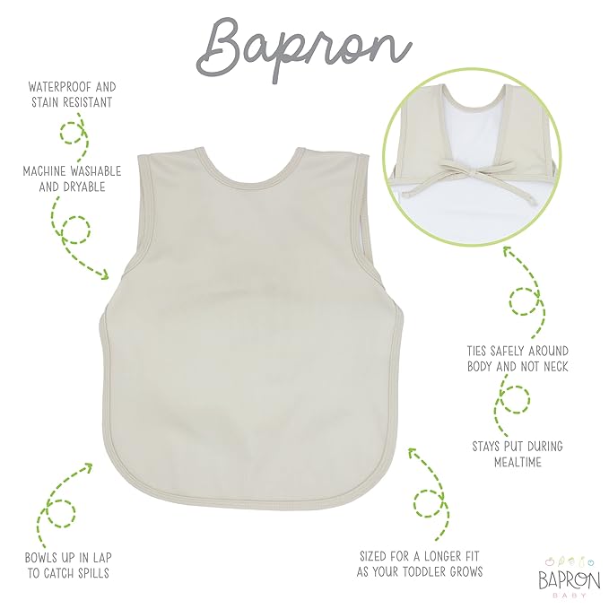 BapronBaby Minimalist Champagne Bapron - No Neck Tie Safer Bib for Baby & Toddler - Soft Waterproof Stain Resistant - Machine Washable - Sz Preschool 3-5yrs