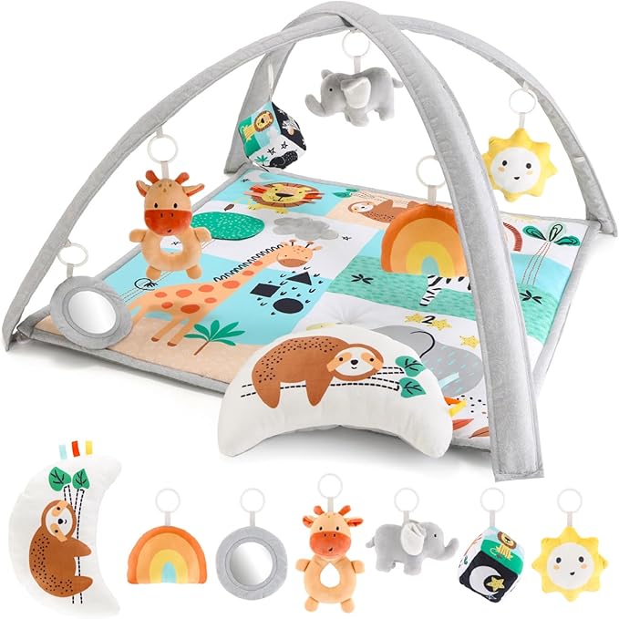 The Peanutshell Unisex Baby Play Gym & 7-in-1 Play Mat - Playmat Baby Toys 0-6, 6-12 Months Tummy Time Mat with Hanging Toys, Soft Padded for Newborns, Infants - Safari