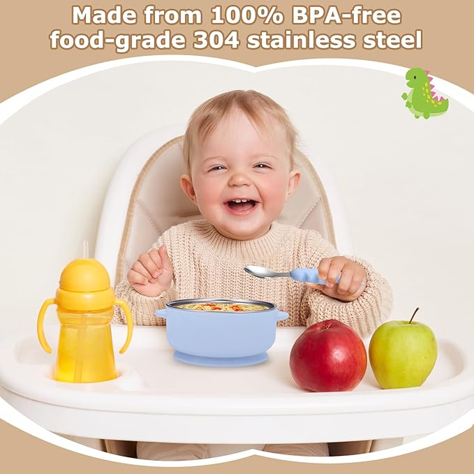 2 Pack Stainless Steel Baby Bowls with Removable Non-Slip Silicone Suction Shell, Anti Scald Food Container for Baby Food Feeding-Skyblue & Cream